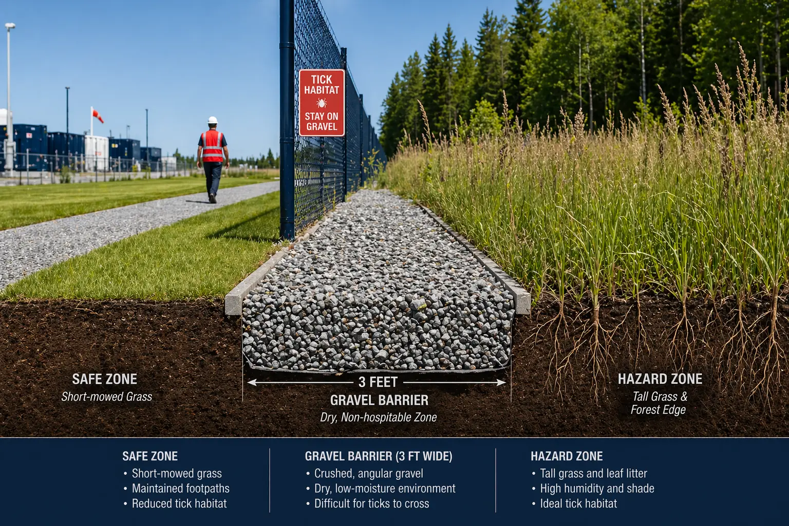 Gravel buffer zone between woodland edge and work area — engineering control to reduce tick crossover