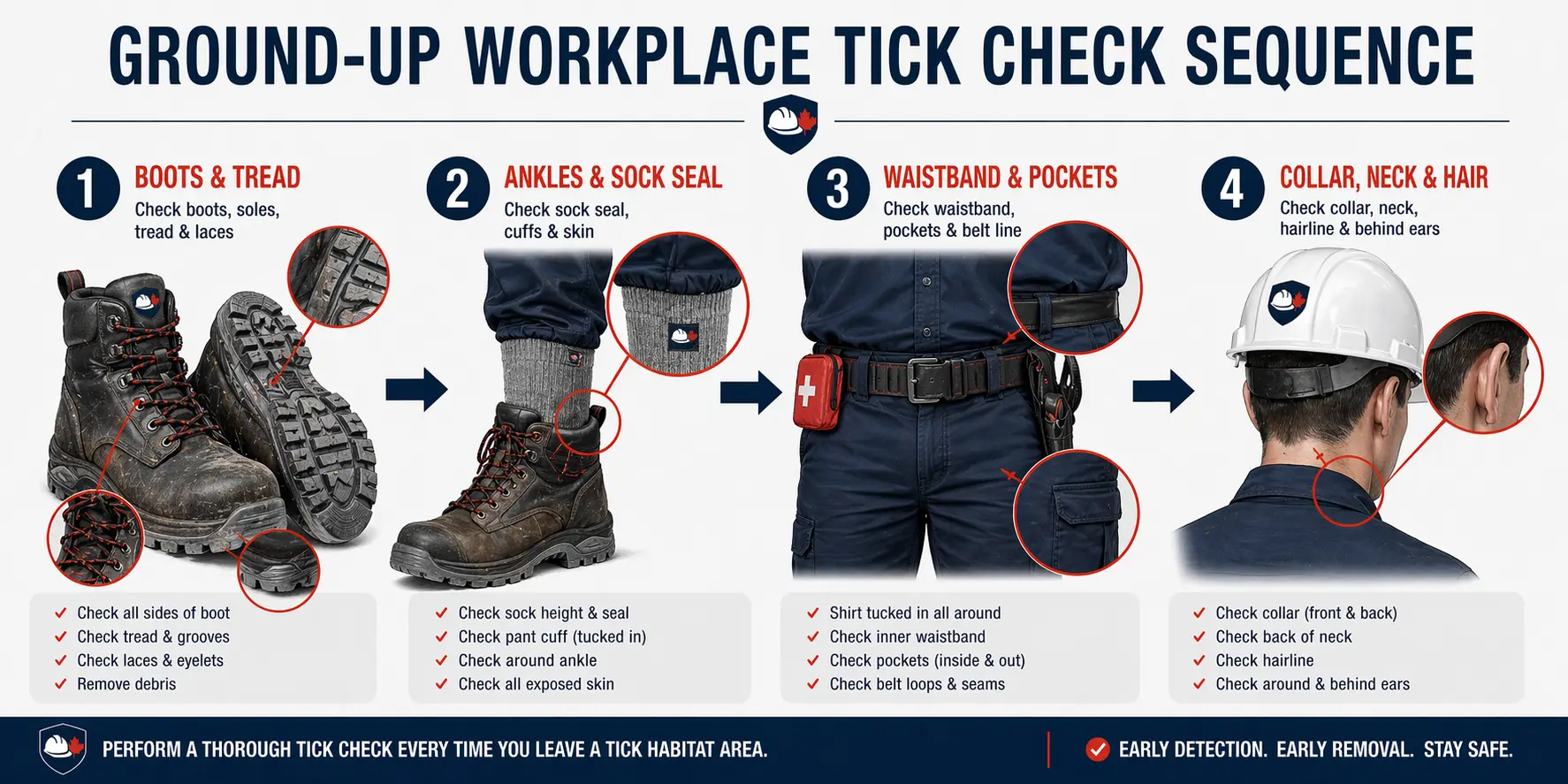 End-of-shift tick check — high-priority body areas including scalp, behind ears, waistband, and behind knees