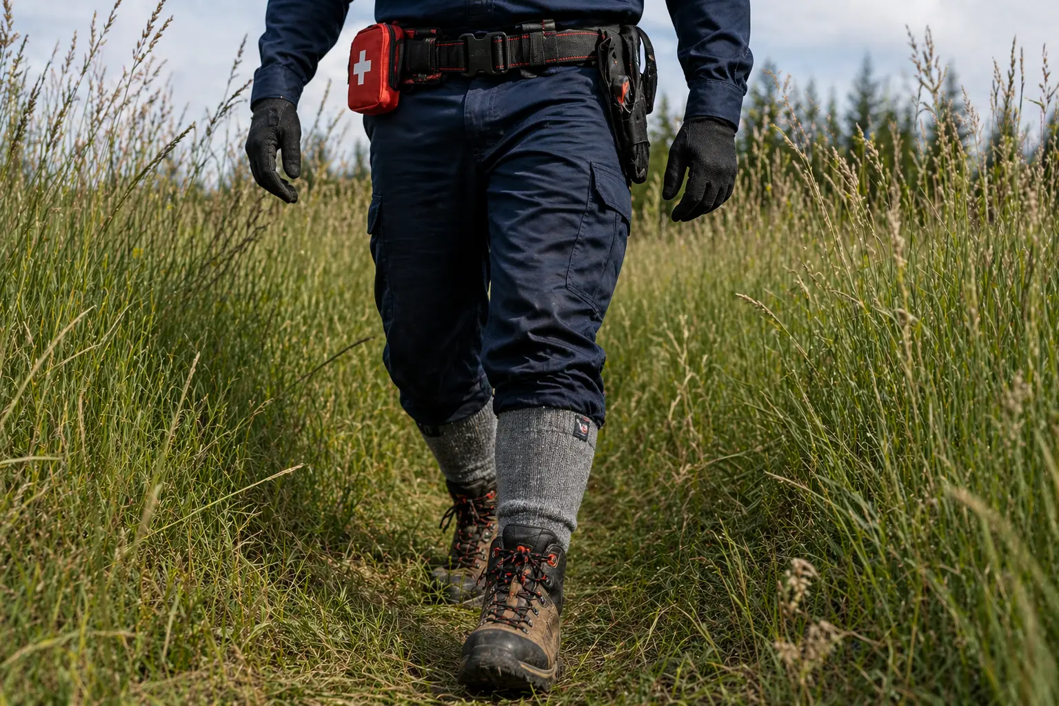 Worker with pants tucked into socks — the standard PPE configuration for tick-risk outdoor work