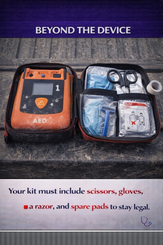 Complete AED kit showing defibrillator with required accessories including scissors, medical gloves, absorbent towels, razor, and spare electrode pads