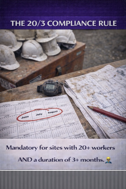 Infographic illustrating Ontario's AED requirement criteria: projects lasting 3+ months with 20+ workers - The 20/3 Compliance Rule