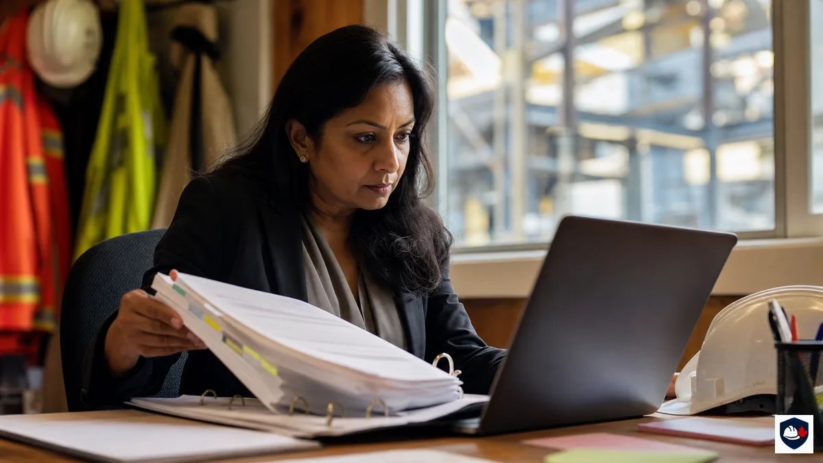 Safety consultant comparing a printed safety program binder against a laptop screen during an audit review