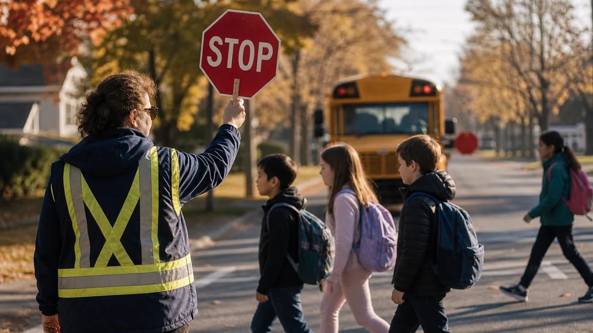 Crossing guard holding a stop sign while children cross a residential street near a school bus, September morning