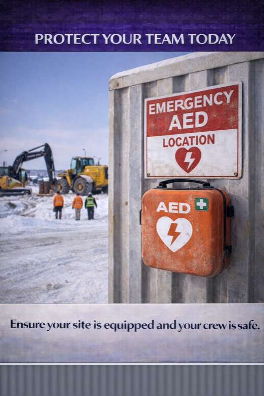 Rugged AED designed for construction site use in a weather-resistant protective case