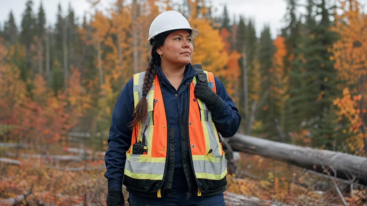 Canadian field worker in a fall forest wearing a blaze-orange high-visibility vest — fall wildlife and hunting season safety for outdoor crews