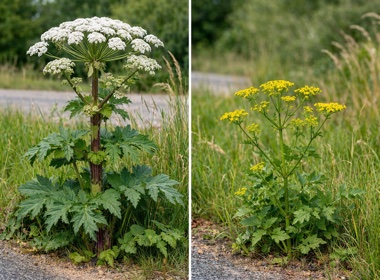 Side-by-side comparison of giant hogweed vs wild parsnip — identification for workers