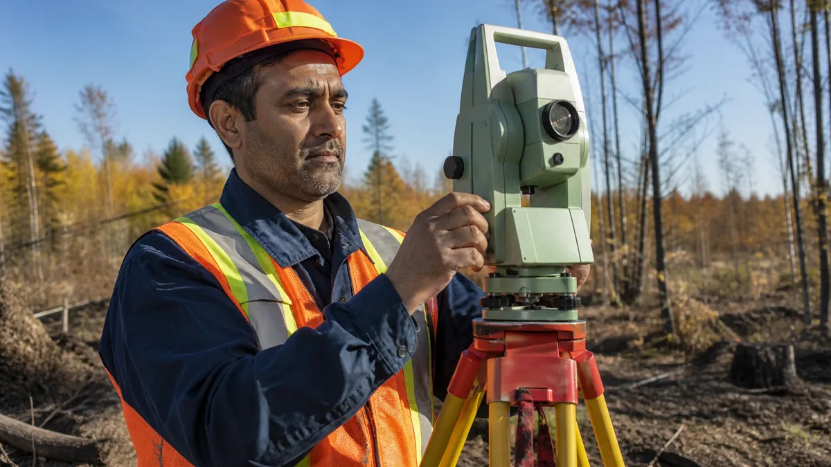Field worker wearing a blaze-orange hard hat and high-visibility vest over standard PPE while working outdoors in the fall