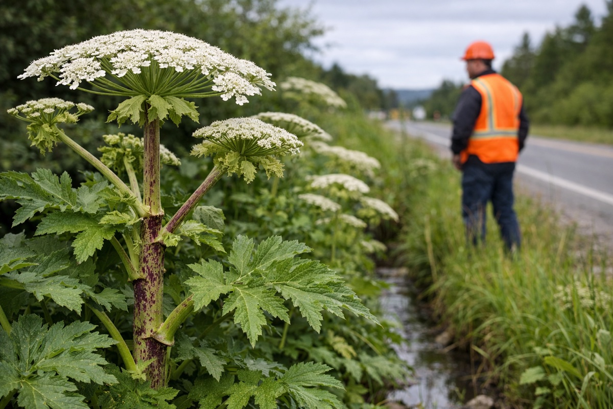 Giant hogweed plant growing alongside a road in Ontario — noxious plant hazard for outdoor workers