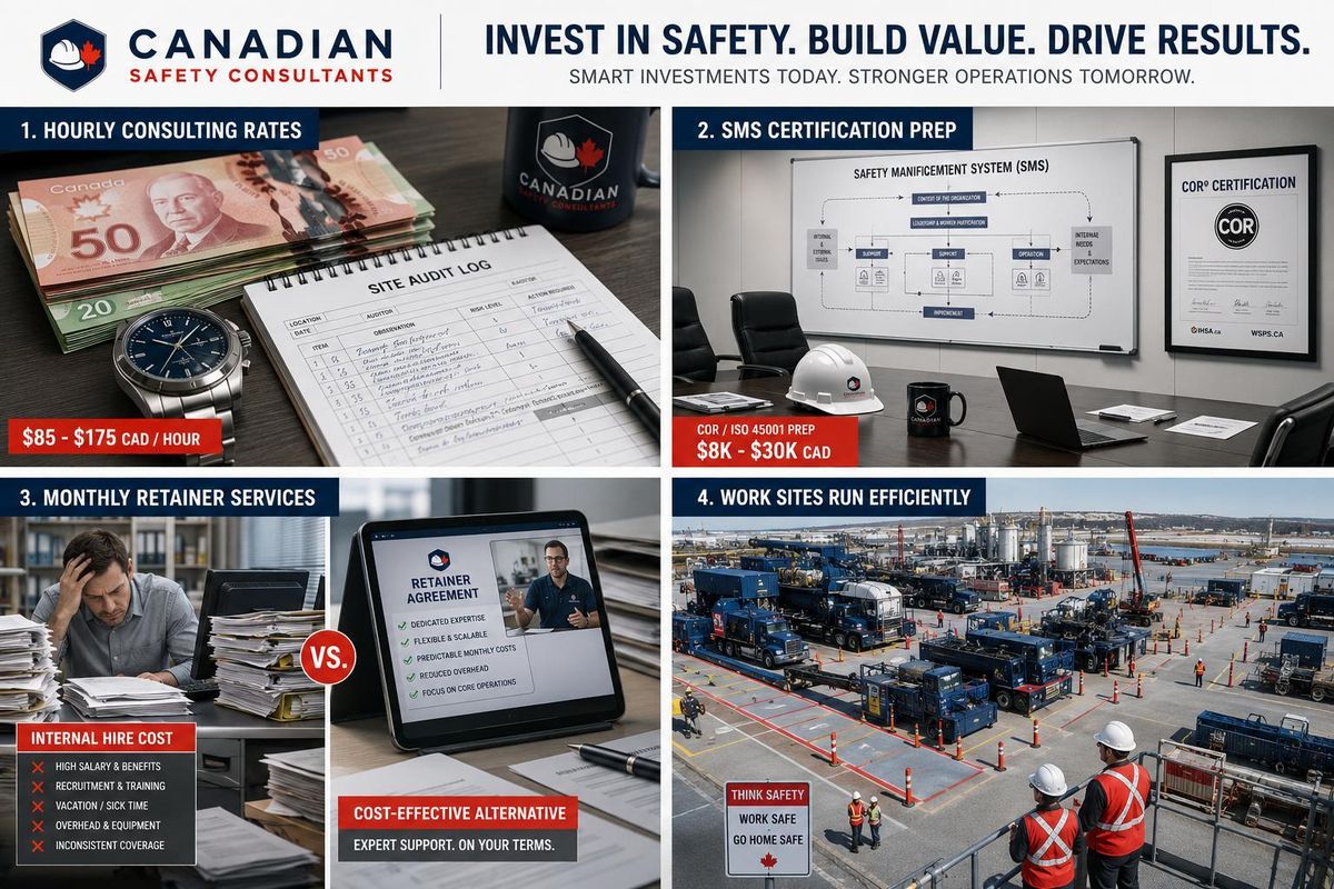 Safety consultants in hard hats reviewing documentation at a Canadian worksite