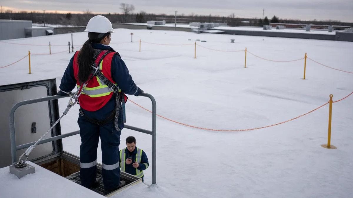 Worker in a full-body harness anchored at a roof hatch surveying a snow-covered flat warehouse roof with a rope-and-stanchion barrier set up around the hazard areas
