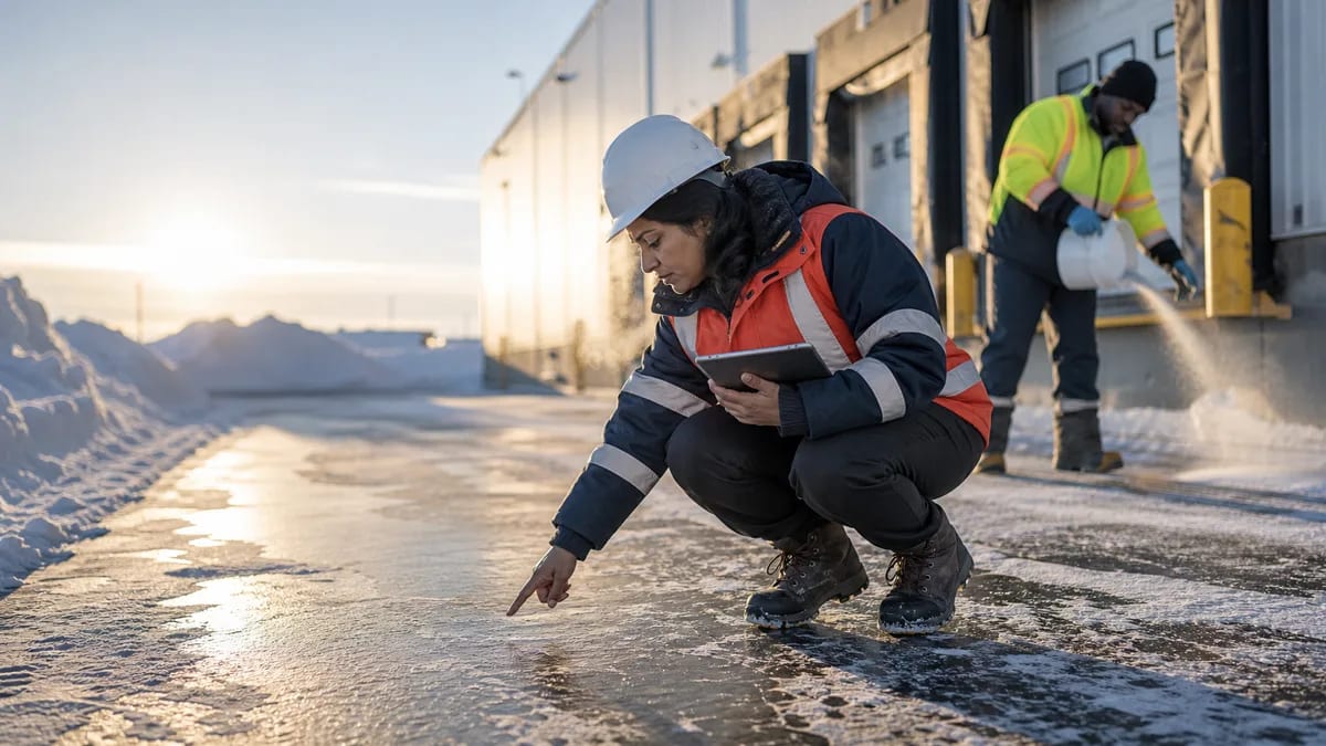Facility supervisor in hi-vis and ice cleats inspecting a shaded loading dock apron for black ice the morning after a snowstorm while a maintenance worker spreads de-icer