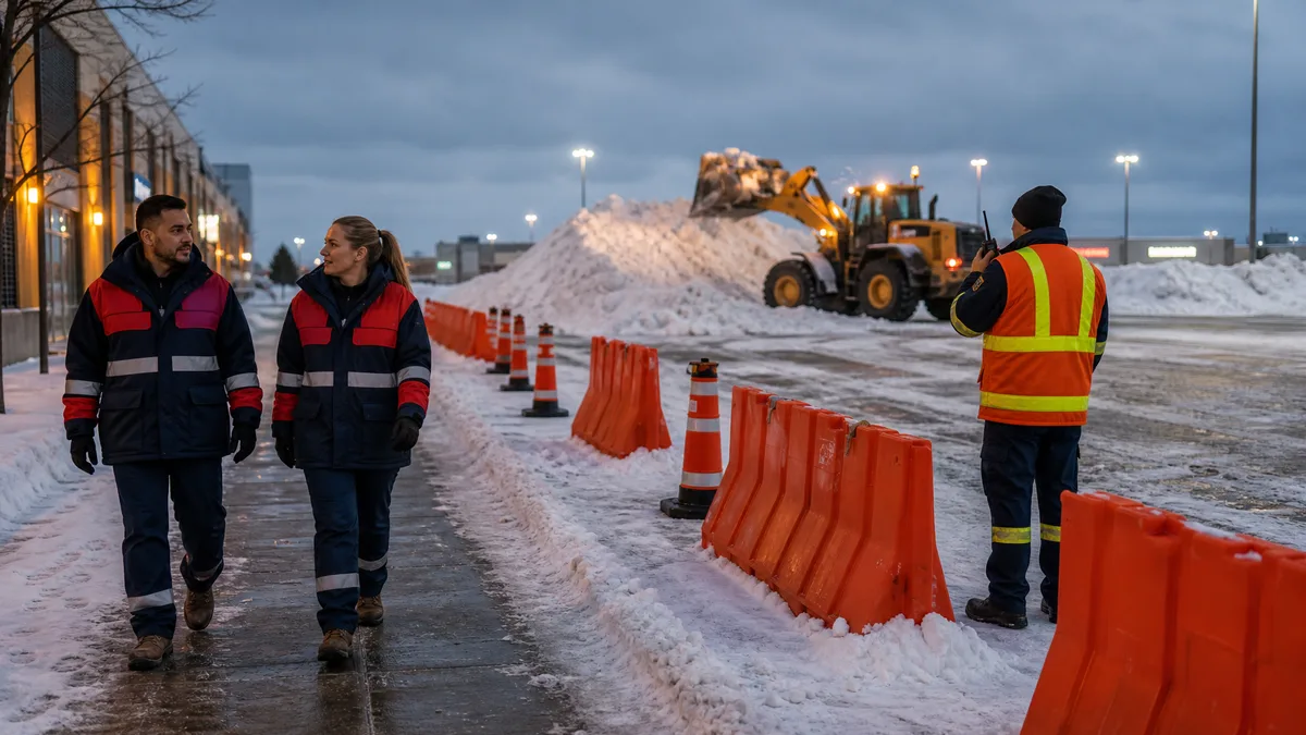 Parking lot at dusk with a wheel loader piling snow inside a barriered exclusion zone, a protected pedestrian walkway to one side and a hi-vis spotter at the edge