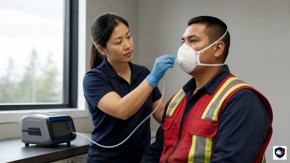 Occupational hygienist running a quantitative fit test on a clean-shaven worker wearing an N95 respirator, sampling tube connected to a portable analyser