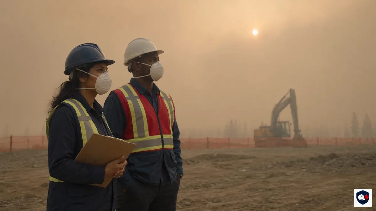 Two construction workers in hi-vis vests and hard hats wearing properly fitted N95 respirators on a job site obscured by heavy wildfire smoke