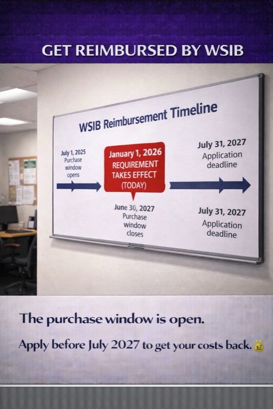 Timeline showing WSIB AED reimbursement key dates: purchase window from July 2025 to June 2027, requirement effective January 2026, and application deadline July 2027